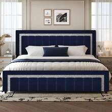 Twin/ Full/ Queen/ King Bed Frame With Headboard And Footboard, Velvet Upholstered Platform Bed Frame With Diamond Design, No Box Spring Needed, Easy Assembly, Black/ White/ Pink/ Blue/ Green, Twin/ Full/ Queen/ King - 藍色 - 查看 13