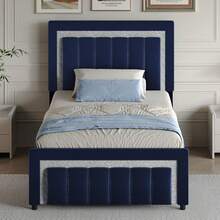 Twin/ Full/ Queen/ King Bed Frame With Headboard And Footboard, Velvet Upholstered Platform Bed Frame With Diamond Design, No Box Spring Needed, Easy Assembly, Black/ White/ Pink/ Blue/ Green, Twin/ Full/ Queen/ King - 藍色 - 查看 15