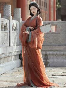 2025 Improved Hanfu Women Flared Sleeve Immortal-Fairy Style Ombre Everyday Commute Dress, Temperature-Regulating Silk, Chinese Style - Red - View 5