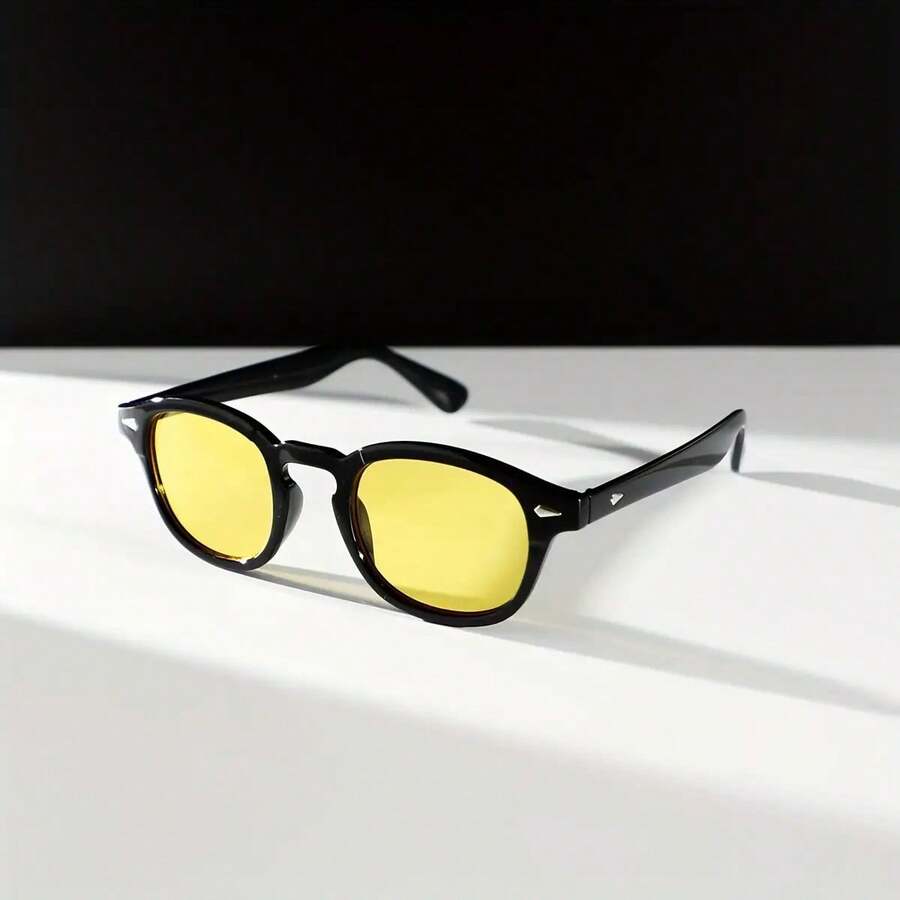 1 Pair Men Yellow Oval Rice Nail Plastic Retro High-Grade Casual Fashion Glasses Suitable For Outdoor Vacation Travel Use - Black and Yellow - View 1