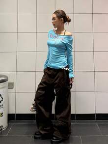 美国性感修身露肩长袖字母印花撞色女衬衫