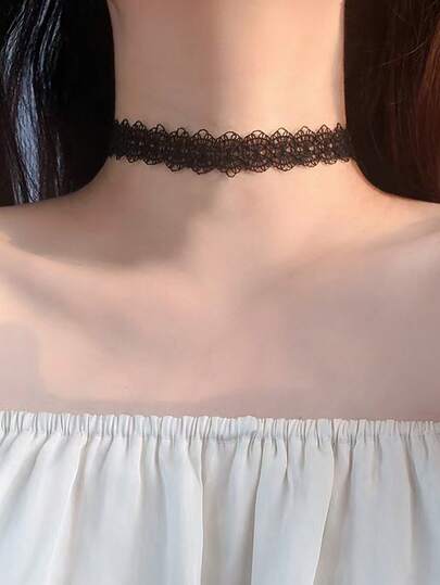 1pc Gothic Style Black Lace Choker Necklace, Women Jewelry Accessory For Party, Halloween