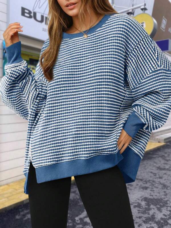Women's Fall Oversized Outdoor Sweatshirt – Casual Waffle Knit Long Sleeve Crewneck Split Pullover Tunic Tops For Camping Or Hiking