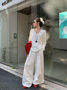 女士宽松V领长袖T恤，休闲纯色，春秋季白色 - 白色 - 查看 7