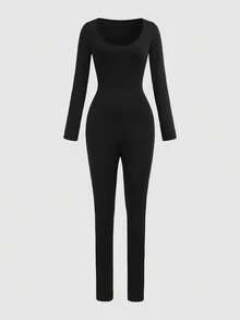 Black U-Shaped Neck And Long Sleeve Jumpsuit Suitable For Spring And Autumn