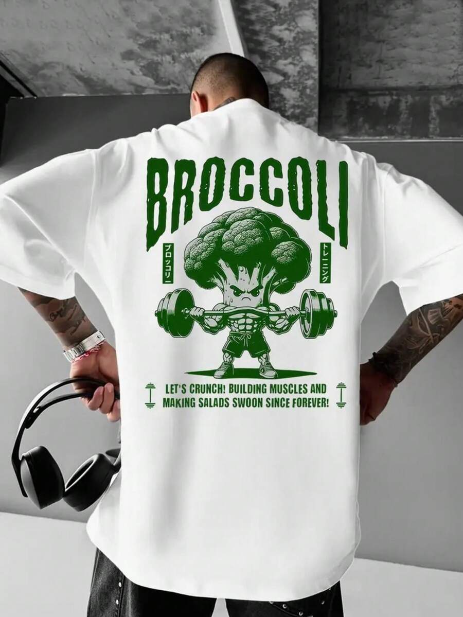 Men's Cotton T-Shirt Adult Plus Size Kids Broccoli Gym Workout Vegetable Streetwear Over - Blanco - Ver 1