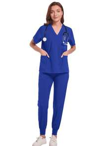Conjunto De Uniforme Clínico Quirúrgico De Dos Piezas Con Manga Corta, Cuello En V y Bolsillos Funcionales Para Uso Profesional En Tela De Poliéster y Spandex - Azul - Ver 3