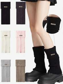 1 par de calentadores de piernas de invierno para mujer - Diseño elástico acanalado suave con decoración de hebilla de hierro, cobertura cómoda tipo calcetín para vaqueros y botas, estilo elegante y sencillo, accesorio para clima frío, ajuste ceñido y cómodo, construcción de tela suave, ropa de temporada de moda, un imprescindible para las mujeres fashionistas.