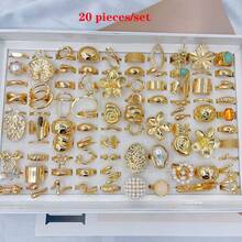 20 件/包夸张花朵不对称形状合金戒指套装，适合女士，复古优雅仿珍珠混合风格多件开口可调节戒指，时尚珠宝最佳礼物，随机搭配 - 金黃色 - 查看 10