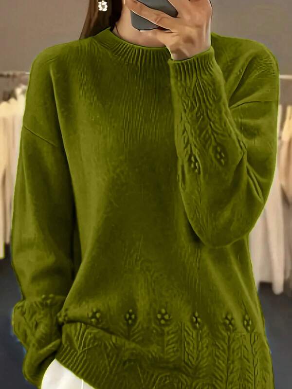 Plus Size Women Casual Everyday Simple Solid Color Round Neck Dropped Shoulder Loose Pullover Sweater, Autumn/Winter