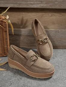 Women's Slip-On Loafers, Thick Sole Retro Mom Moccasins, Solid Color, Metal Buckle, Casual Wear, Spring/Autumn - Khaki - View 6
