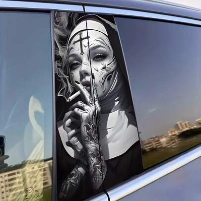 2pcs-Tattoo Smoking Nun Car Stickers - High-Gloss Waterproof Self-Adhesive B-Pillar Stickers, Scratch-Resistant Plastic/Film Suitable For Sedans, Trucks, SUVs, Dark Theme Vinyl Car Stickers, Gothic Style Decorative Stickers, Scratch-Resistant Front Panel Stickers, Durable Film, DIY Decoration