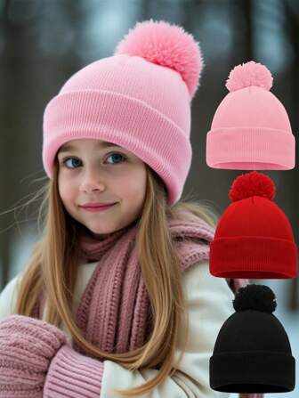 1 st stickad barnmössa med pompoms och stickade mössor för utomhusbruk för pojkar och flickor, vinter varm, tjock mössa, personlig vindtät, Skullies-keps 1-16 år