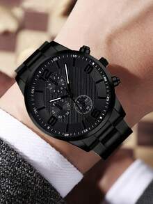 4pcs/Set Men's Black Strap Casual Business Three-Eye Mixed Dial Quartz Watch, Bracelet, Necklace, Ring Jewelry Set, Suitable For Daily Wear Or As Holiday Gift For Friends And Fathers - Black - View 5