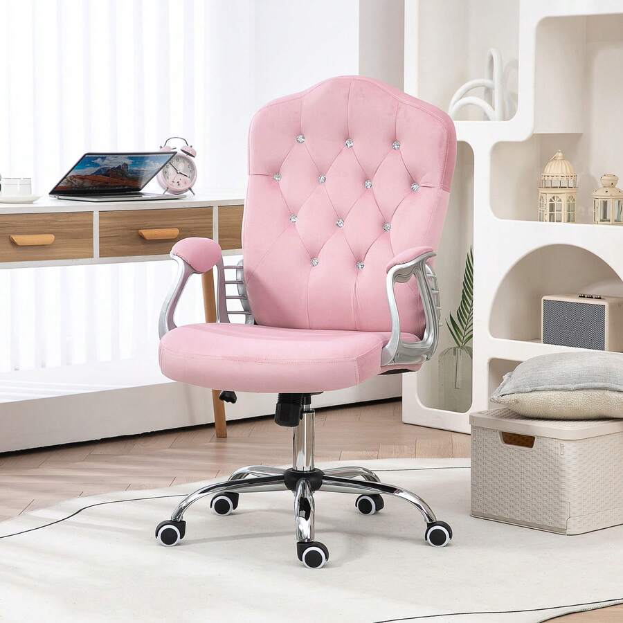Vinsetto Home Office Chair, Velvet Computer Chair, Button Tufted Backrest With Swivel Wheels, Adjustable Height And Tilt Function, Pink - Pink - View 1