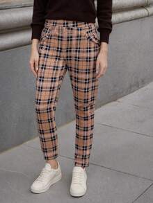 Fall Clothes For Women Pantalones De Mujer Women's Plaid High-Waist Slim Pants - Classic Plaid Pattern, Stretchy Skinny Fit, Suitable For Daily Work, Leisure, Gatherings & Multi-Scenario  Tie Dye    All    Pocket - Màu Khaki - Xem 1