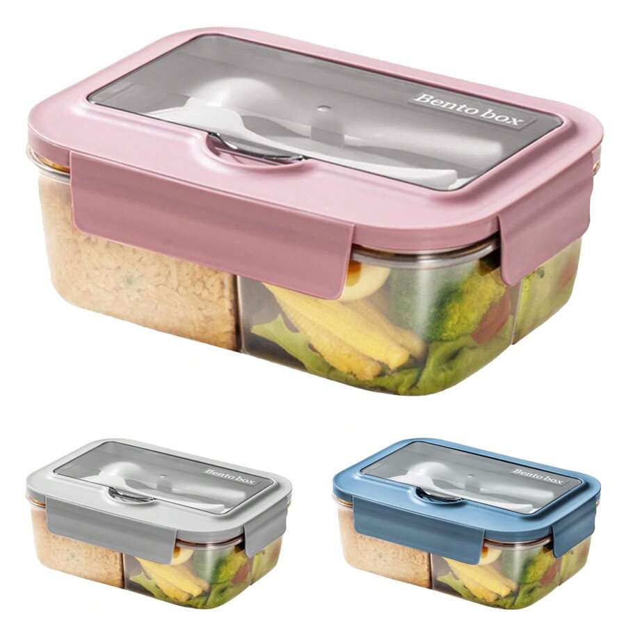 1 set de boîte à lunch compartimentée de couleur unie carrée avec couvercle et ustensiles, boîte à bento en plastique réutilisable pour micro-ondes, pour les travailleurs de bureau, les étudiants, les fêtes, l'extérieur, le camping, les pique-niques, les collations