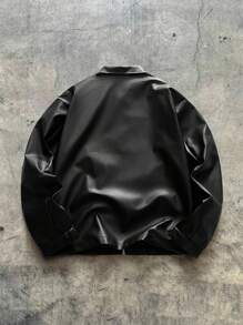 Men's Fashionable Daily Casual PU Leather Fitted Long Sleeve Men Jacket, Urban Black Jacket, For Friends, Husband, Boyfriend Gifts