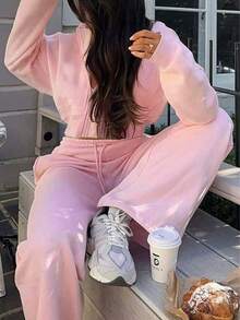 2pcs Set: Casual Versatile Hooded Zip-Up Star Print Sweatshirt Jacket And Drawstring Straight Leg Pants, Thermal Lined, New Autumn/Winter,Winter Clothes For Women,Two Pieces Set Women