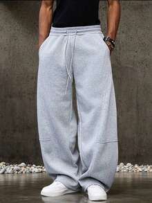 Men's Solid Color Drawstring Waist Pocket Casual Loose Sweatpants, Loose Fit Gray Sports Pants