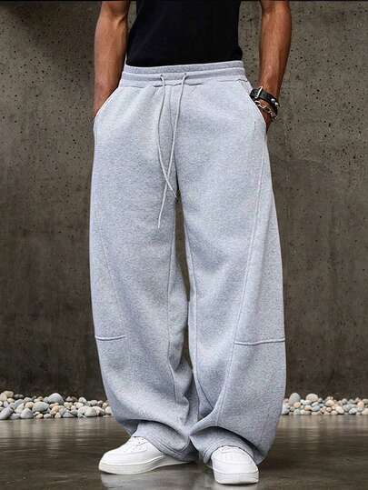 Men's Solid Color Drawstring Waist Pocket Casual Loose Sweatpants, Loose Fit Gray Sports Pants
