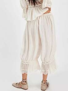 Women Lace Trim Long Bloomers Y2k Elastic Mid Rise Ruffle Victorian Pantaloons Cropped Flared Slips Pants Pumpkin Pants - White - View 3