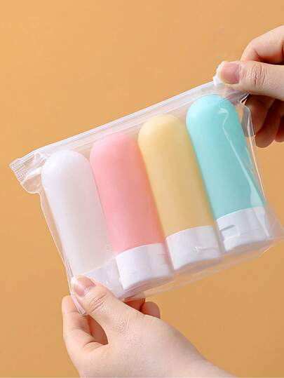 Set de 4 botellas de viaje de silicona aprobadas por la TSA con bolsa de almacenamiento con cremallera transparente (4 colores pastel), contenedores de cosméticos y artículos de tocador recargables a prueba de fugas y portátiles de tamaño de viaje para champú, loción, acondicionador, dispensador mini portátil para avión, gimnasio, vacaciones, artículos esenciales de viaje para mujeres y hombres