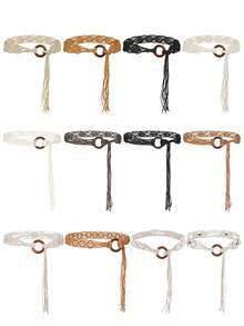 Plus Size Woven Belt, Women's Bohemian Style Woven Belt, Vintage Wax Rope Handmade Wooden Ring Hollow Woven Belt, Black, Camel, Khaki Woven Belt, Suitable For Outdoor Dresses - Multicolor - View 7