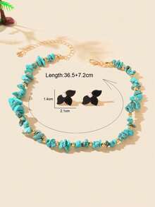 Bộ trang sức mùa hè đi biển gồm 3 món: Dây chuyền hạt ngọc lam không đều kiểu Boho Chic và bông tai hình cánh hoa màu đen. - Nhiều màu - Xem 4
