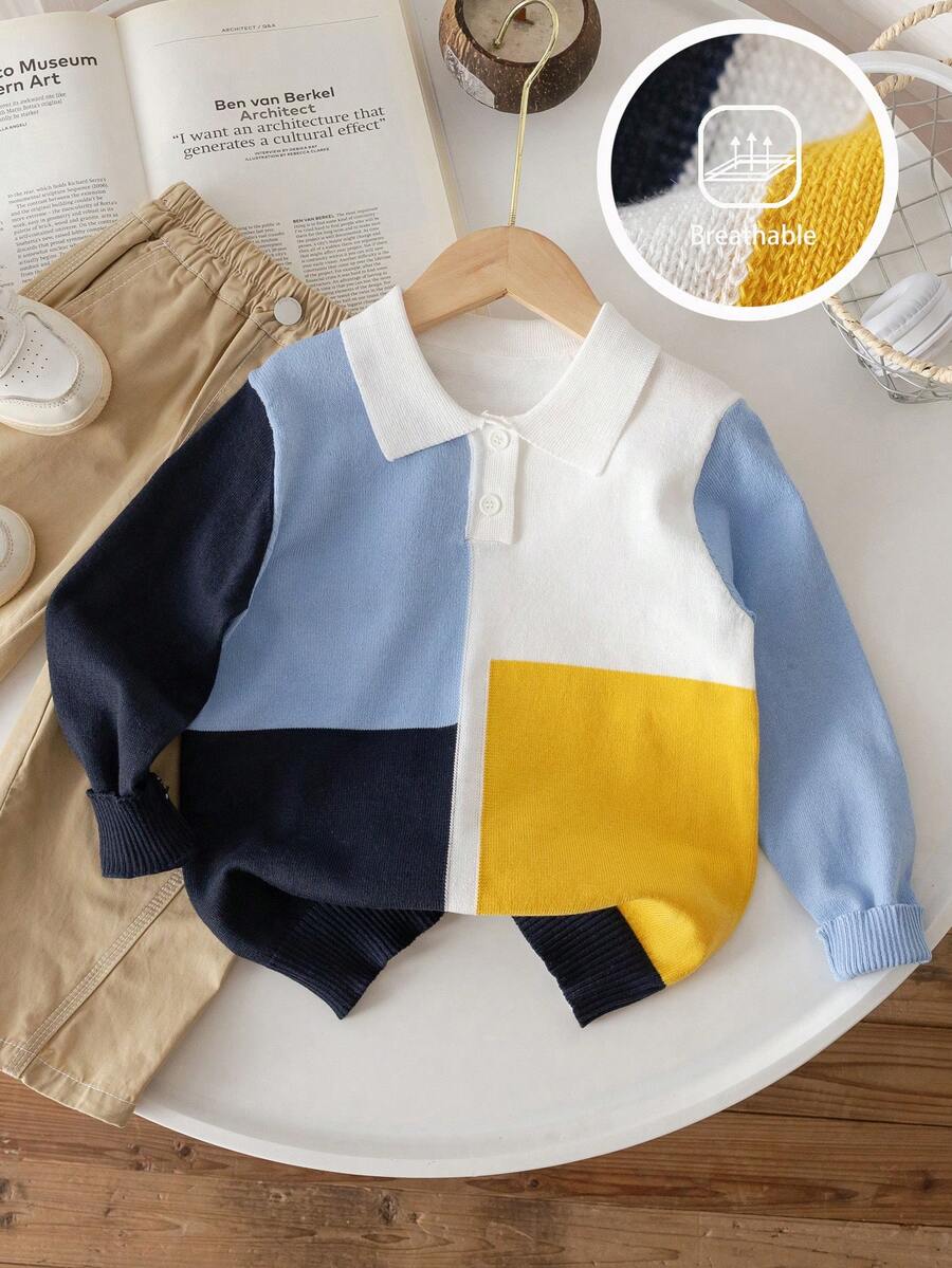 1pc Young Boy School Style Contrast Color Plaid Collar Lightweight Knit Sweater, Suitable For School, Casual Wear, Autumn