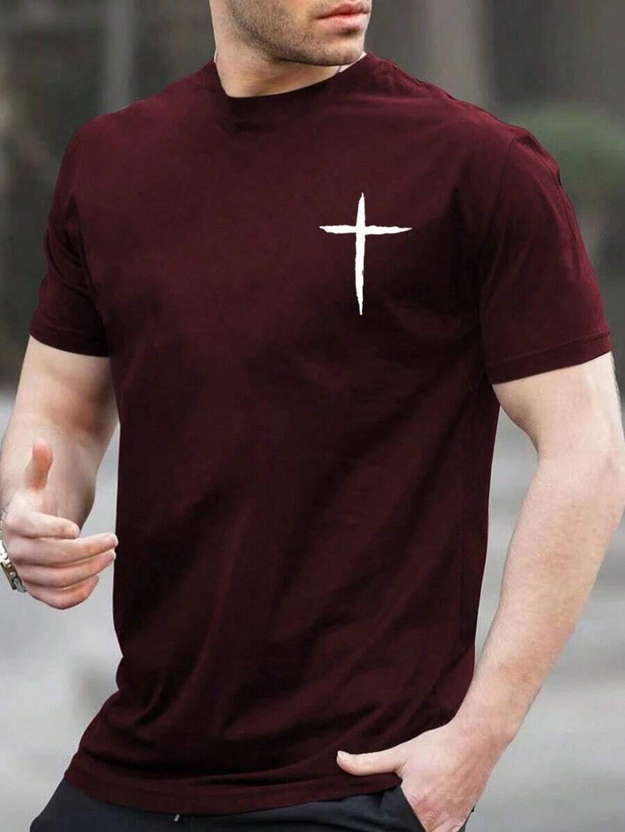 Manfinity Homme Slim Fit T-Shirt With Cross Print For Men - Red - View 1