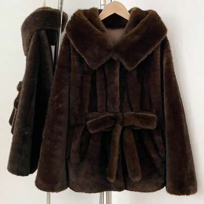 OFTBUY Solid Color Faux Fur Batwing Sleeve Hooded Oversized Women Jacket, Elegant Streetwear Casual For Autumn/Winter