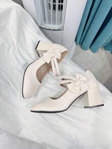青少年米色蝴蝶结舒适可爱高跟鞋，适合重要场合、音乐舞台、四季派对、秋冬季 - 米色 - 查看 3