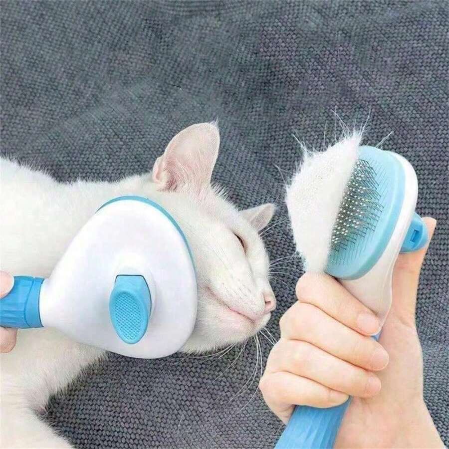 1pc Dog Brush, Cat Brush, Flea Comb, Automatic Cleaning Brush, Pet Grooming Brush, Pet Massage Brush, Shedding Grooming Brush, Mat Breaker Tool, Dematting Comb, Automatic Hair Removal Brush, Pet Cleaning Tool, Hair Collection Label, Dog Brush, Cat Brush, Pet Hair Collector Comb, Animal Accessories, Pet Supplies - 藍色 - 查看 1