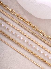 6pcs Metal Chain Bracelet Set For Women, Includes Faux Pearl, Snake Chain, Twisted Chain, Flat Round Disc Design Chunky Fashion Jewelry, Elegant Retro Style, Suitable For Holiday, Party, Gift, Daily Wear (Flat Beads & Faux Pearl Quantity Random)