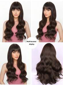 巧克力棕色机织假发 真人发质假发 带刘海 波浪卷发 易于安装 彩色 4# 假发 带刘海 180% 密度 适合女性日常使用 万圣节服装 - 棕色 - 查看 6