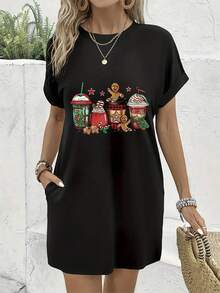 Printed T-Shirt Dress, Overseas Printing, Christmas Gingerbread Printed Women's T-Shirt Skirt Short Sleeved Round Neck Casual Loose Fit Over The Knee With Pockets, Short Sleeved Dress, Spring And Summer Beach Wear - 黑色 - 查看 1