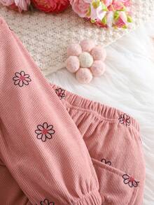 2pcs Girls Casual Chic Floral Print Faux Pocket Lapel Single-Breasted Jacket And Pants Set - Pink - View 7