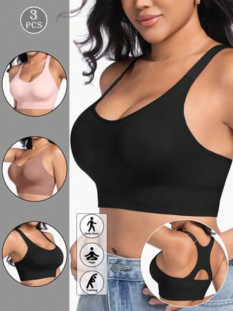 Set de 3 sujetadores deportivos sin costuras y sin alambres con absorción de impactos y ajuste de tirantes para ciclismo y correr, para mujeres