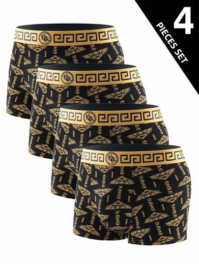 4 peças de cuecas boxer masculinas de luxo, pretas, com estampa dourada e cintura média - supermacias, com toque de seda gelada, antibacterianas e respiráveis - shorts esportivos elásticos para uso casual diário