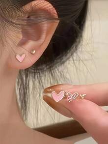 3 Pairs Heart Shaped Fashion Earrings, Suitable For Girls, Minimalist Jewelry Set Gift. Versatile Ear Piercing Friendly Heart Stud Earrings 3-Piece Set, Sweet Girl Outfit. Simple Small Stud Earrings - Multicolor - View 7