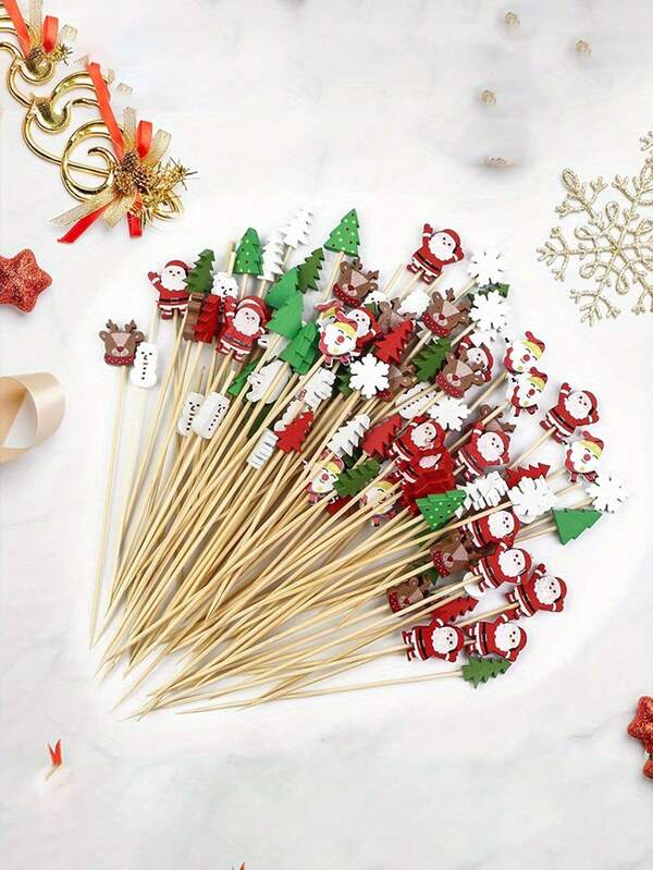 Juego de palillos de cóctel navideños de madera - Diseños festivos de copos de nieve, muñecos de nieve, renos y árboles para fiestas navideñas, para aperitivos, bebidas y decoraciones de fiesta, decoración del hogar y la cocina, accesorios de bebida festivos|Servicio de cócteles alegre|Decoraciones navideñas, palos decorativos, suministros para fiestas navideñas