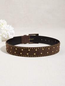 1 chiếc thắt lưng nữ PU (Polyurethane) màu nâu đinh tán mới, phù hợp với quần jean, váy, áo khoác, thiết kế thời trang theo phong cách phương Tây cổ điển, đa năng để sử dụng hàng ngày - màu nâu - Xem 3