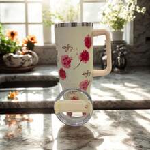 Floral Stainless Steel Thermal Mug With Handle, Lid, And Straw For Coffee, Tea, Juice, Or Water. Designed To Be Portable, It's Ideal For Travel, The Gym, The Car, The Office, And As A Gift. - Aleatória - 查看 4