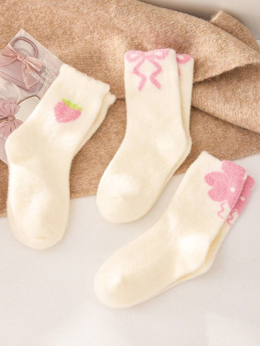 3双装儿童蝴蝶结图案粉白保暖抓绒中筒袜 - 加厚绒毛冬季女童袜（秋冬季），休闲百搭儿童日常袜
