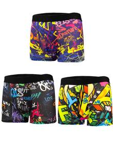 3pcs Men's Short Boxer Briefs, Digital Print Underwear With Spandex, Suitable For Sports, Boxing, Cycling, Cartoon Fashionable Pattern Short Boxer Briefs, Breathable Comfortable High Elasticity Trunks