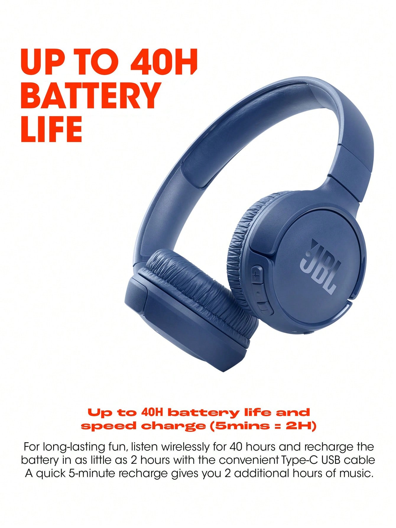 JBL سماعات رأس لاسلكية على الأذن Tune 510BT، صوت ج...