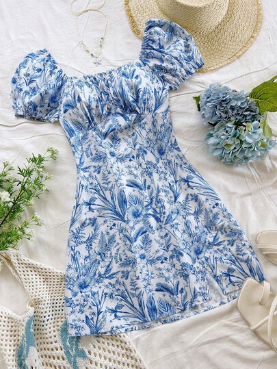 Soleia Vestido corto de mujer para vacaciones, con mangas abullonadas, escote drapeado, dobladillo con volantes y abertura lateral, con estampado floral en azul y blanco