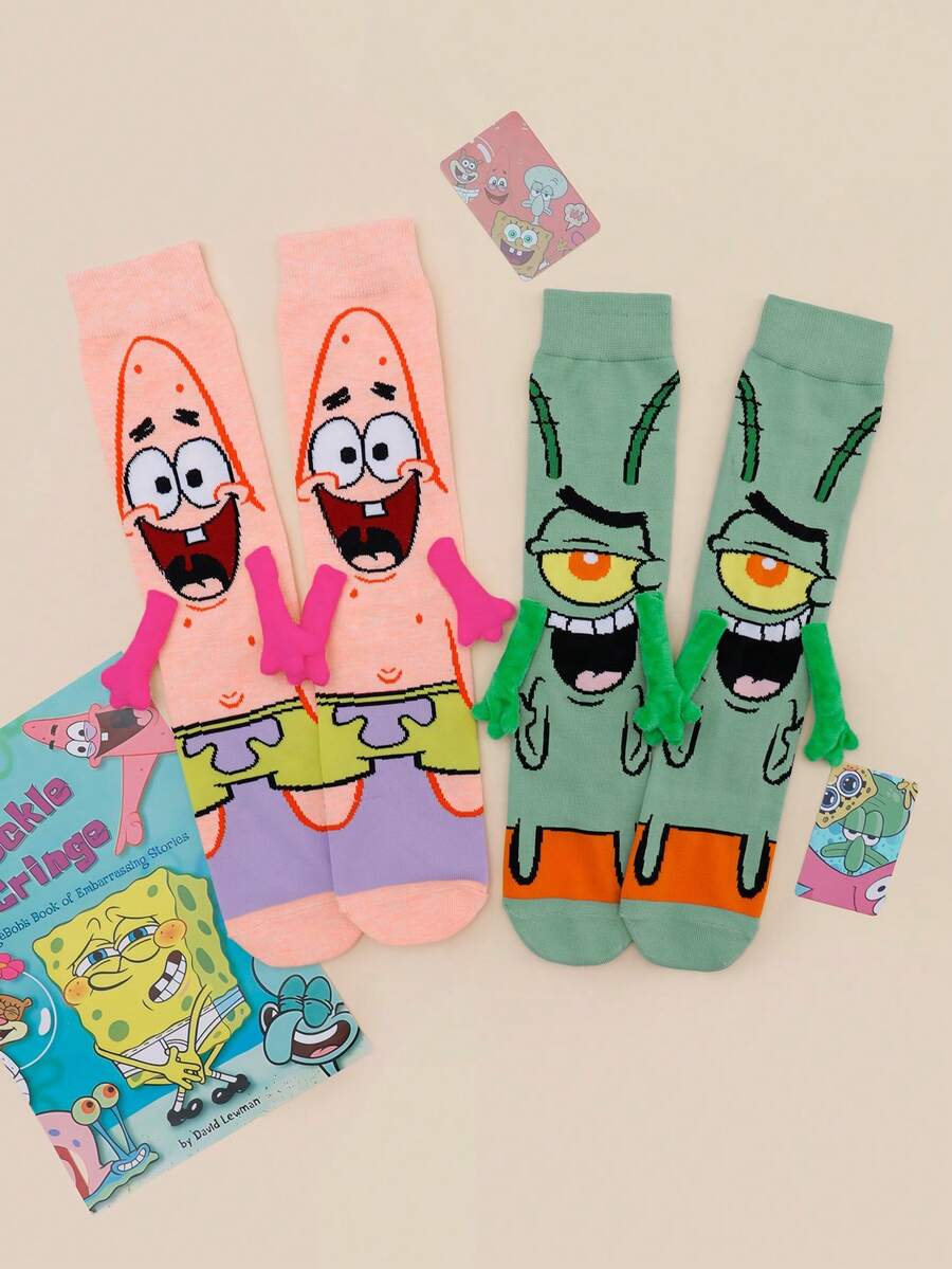 SpongeBob SquarePants 半双可爱卡通海绵宝宝主题磁性情侣/闺蜜袜，个性十足的中筒袜，适合休闲、约会等场合。 - 彩色 - 查看 1