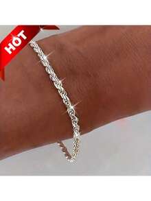 925 纯银镀层扭曲经典手链，银色，是男女日常佩戴的时尚配饰。 - 銀色 - 查看 1